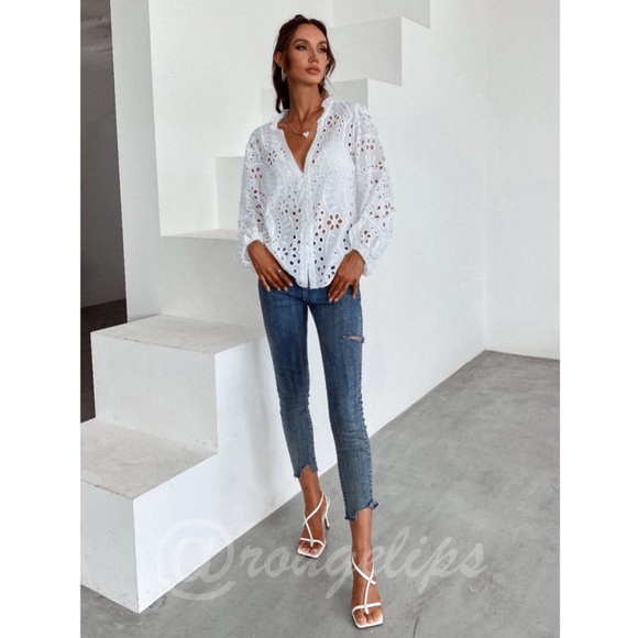 White Boho Eyelet Button Down Shirt - Picture 6 of 8